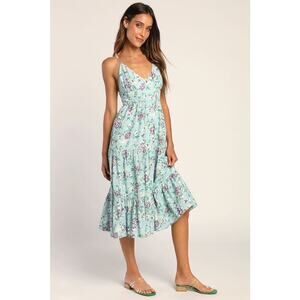 Lulus Bliss Abound Light Blue Floral Tiered Midi Dress Size Medium